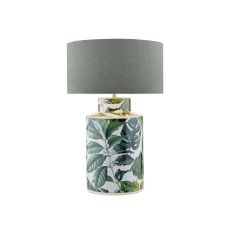 Filip 1 Light E27 Green Leaf Print Table Lamp With Inline Switch C/W Pyramid Grey Linen 35cm Drum Shade