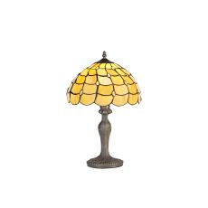 Florence 1 Light Curved Table Lamp E27 With 30cm Tiffany Shade, Beige/Clear Crystal/Aged Antique Brass