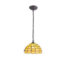 Florence 1 Light Downlighter Pendant E27 With 30cm Tiffany Shade, Beige/Clear Crystal/Aged Antique Brass