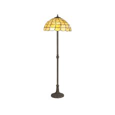 Florence 2 Light Leaf Design Floor Lamp E27 With 40cm Tiffany Shade, Beige/Clear Crystal/Aged Antique Brass