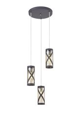 Graber 3 Light Round Pendant E14, Matt Grey/Polished Chrome/Cognac