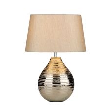 Gustav 1 Light E27 Silver Textured Ceramic Base Small Silver Table Lamp With Inline Switch C/W Silver Faux Silk Tapered Shade