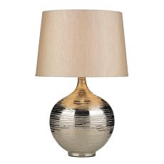 Gustav 1 Light E27 Silver Textured Ceramic Base Large Silver Table Lamp With Inline Switch C/W Silver Faux Silk Tapered Shade