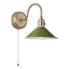 Hadano 1 Light E14 Natural Brass Wall Light With Pull Cord C/W C/W Olive Green Shade