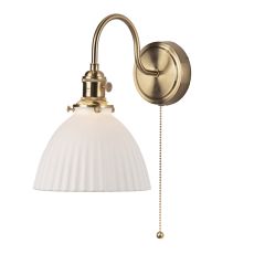 Hadano 1 Light E14 Natural Brass Wall Light With Pullcord Switch C/W White Ceramic Domed Shade