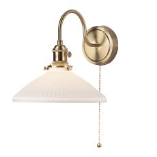 Hadano 1 Light E14 Natural Brass Wall Light With Pullcord Switch C/W White Ceramic Shallow Shade