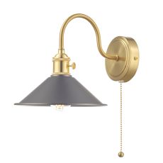 Hadano 1 Light E14 Natural Brass Wall Light With Pull Cord C/W Antique Pewter Shade