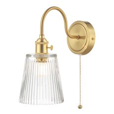 Hadano 1 Light E14 Natural Brass Wall Light With Pull Cord C/W Ribbed Glass Shade