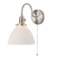 Hadano 1 Light E14 Antique Chome Wall Light With Pullcord Switch C/W White Ceramic Domed Shade