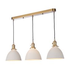 Hadano 3 Light E14 Natural Brass Adjustable Linear Pendant With White Ceramic Domed Shade