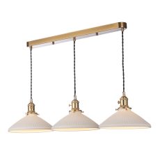 Hadano 3 Light E14 Natural Brass Adjustable Linear Pendant With White Ceramic Shallow Shade