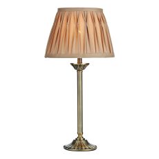 Hatton 1 Light E14 Antique Brass Ribbed Stem Table Lamp With Inline Switch C/W Pinch Pleat Grey Gold Silk Shade