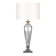 Hinton 1 Light E27 Polished Chrome With Crystal Glass Table Lamp With Inline Switch C/W White Faux Silk Drum Shade