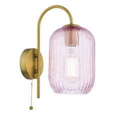 Idra 1 Light E27 Aged Bronze Wall Light With Pullcord Switch C/W Pink Ribbed Glass Shade