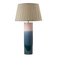 Ignatio 1 Light E27 Pink With Blue Ceramic Table Lamp With Inline Switch C/W Degas Taupe Faux Silk Tapered 40cm Drum Shade
