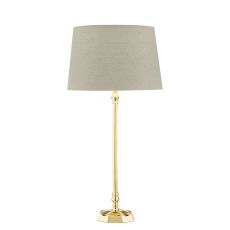 Iowa 1 Light E14 Natural Sold Brass Table Lamp With Inline Switch C/W Cane Natural Linen Tapered 25cm Drum Shade