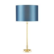Iowa 1 Light E14 Natural Sold Brass Table Lamp With Inline Switch C/W Elsa Blue Faux Silk 25cm Drum Shade