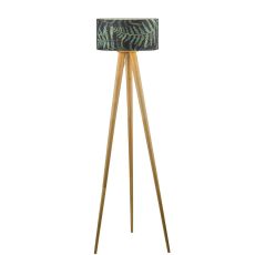 Ivor 1 Light E27 Light Oak Tripod Floor Lamp With Inline Foot Switch C/W Bamboo Green Leaf Cotton 49cm Drum Shade