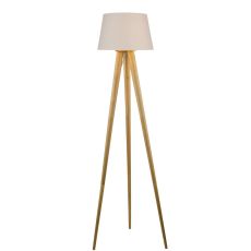 Ivor 1 Light E27 Light Oak Tripod Floor Lamp With Inline Foot Switch C/W Puscan Cream Cotton Tapered 45cm Drum Shade