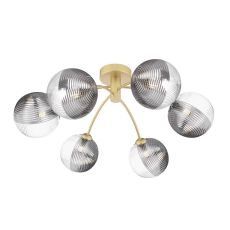 Izzy 6 Light G9 Matt Gold Semi Flush Ceiling Light C/W 15cm Smoked & Clear Ribbed Glass Shades
