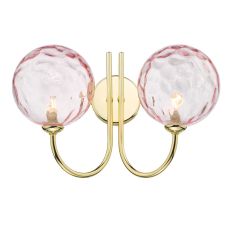 Jared 2 Light G9 Polished Gold Wall Light With Pull Cord C/W Pink Dimpled Glass Shades