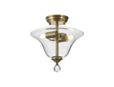 Jodel 2 Light Semi Flush Ceiling E27 With Smooth Bell 30cm Glass Shade Antique Brass/Clear