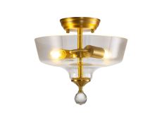 Jodel 2 Light Semi Flush Ceiling E27 With Flat Round 30cm Glass Shade Satin Gold/Clear