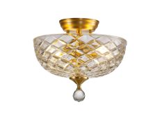 Jodel 2 Light Semi Flush Ceiling E27 With Flat Round 30cm Patterned Glass Shade Satin Gold/Clear