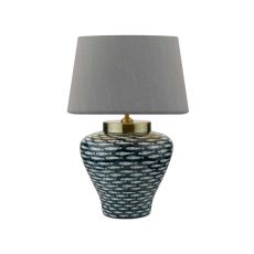 Joy 1 Light E27 Blue With White Fish Motif Table Lamp With Inline Switch C/W Cezanne Grey Faux Silk Tapered 40cm Drum Shade
