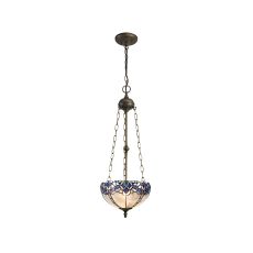 Kaka 3 Light Uplighter Pendant E27 With 30cm Tiffany Shade, Blue/Clear Crystal/Aged Antique Brass