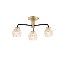Lainey 3 Light G9 Matt Black & Antique Brass Semi Flush Ceiling Light C/W Clear Dimpled Open Style Glass Shade
