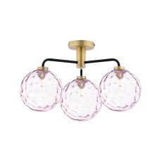 Lainey 3 Light G9 Matt Black & Antique Brass Semi Flush Ceiling Light C/W Pink Dimpled Glass Shades