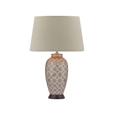 Louise 1 Light E27 Brown With Cream Table Lamp With Inline Switch C/W Cezanne Taupe Faux Silk Tapered 40cm Drum Shade