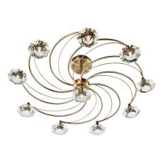 Luther 10 Light G9 Antique Brass Semi Flush Fitting With Faceted Crystal Glass Shades