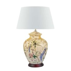 Mimosa 1 Light E27 White With Brontel  And Bird Print Table Lamp With Inline Switch C/W Cezanne White Faux Silk Tapered 45cm Drum Shade
