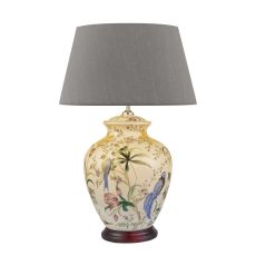 Mimosa 1 Light E27 White With Brontel  And Bird Print Table Lamp With Inline Switch C/W Cezanne Grey Faux Silk Tapered 45cm Drum Shade