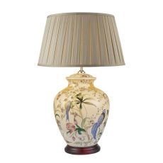 Mimosa 1 Light E27 White With Brontel  And Bird Print Table Lamp With Inline Switch C/W Degas Taupe Faux Silk Tapered 45cm Drum Shade