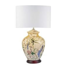 Mimosa 1 Light E27 White With Brontel  And Bird Print Table Lamp With Inline Switch C/W Innsbruck Ivory Faux Silk Oval 45cm Shade