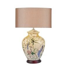 Mimosa 1 Light E27 White With Brontel  And Bird Print Table Lamp With Inline Switch C/W Sabre Silver Faux Silk 45.5cm Oval Shade