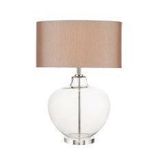 Moffat 1 Light E27 Glass With Polished Chrome Table Lamp With Inline Switch C/W Sabre Silver Faux Silk 45.5cm Oval Shade