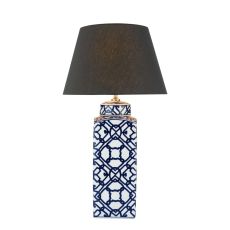 Mystic 1 Light E27 Blue And White Table Lamp With inline Switch C/W Dwayne Black Linen Tapered 39cm Drum Shade