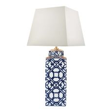 Mystic 1 Light E27 Blue And White Table Lamp With inline Switch C/W Puscan Ivory Faux Silk Tapered 37cm Square Shade