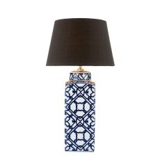 Mystic 1 Light E27 Blue And White Table Lamp With inline Switch C/W Safia Black Cotton Tapered 36cm Drum Shade