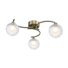 Nakita 3 Light G9 Antique Brass Flush Ceiling Fitting C/W 12cm Opal & Clear Ribbed Glass Shades