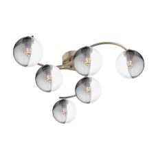 Nakita 6 Light G9 Antique Brass Flush Ceiling Fitting C/W 10cm Smoked & Clear Ribbed Glass Shades