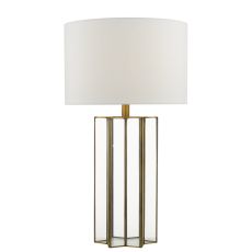 Osuna 1 Light E27 Natural Brass Table Lamp With Clear Glass Star Shaped Column With Inline Switch C/W Ivory Linen Shade