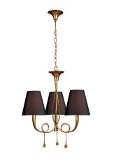 Paola Pendant 3 Light E14, Gold Painted With Black Shades & Amber Glass Droplets