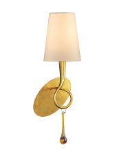 Paola Wall Lamp 1 Light E14, Gold Painted With Cream Shade & Amber Glass Droplets (3548)