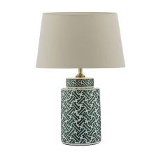 Reese 1 Light E27 Green & Blue Print Ceramic Table Lamp With Inline Switch C/W Cezanne Taupe Faux Silk Tapered 35cm Drum Shade