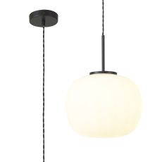 Reya Medium Oval Ball Pendant 1 Light E27 Matt Black Suspension With Frosted White Glass Globe